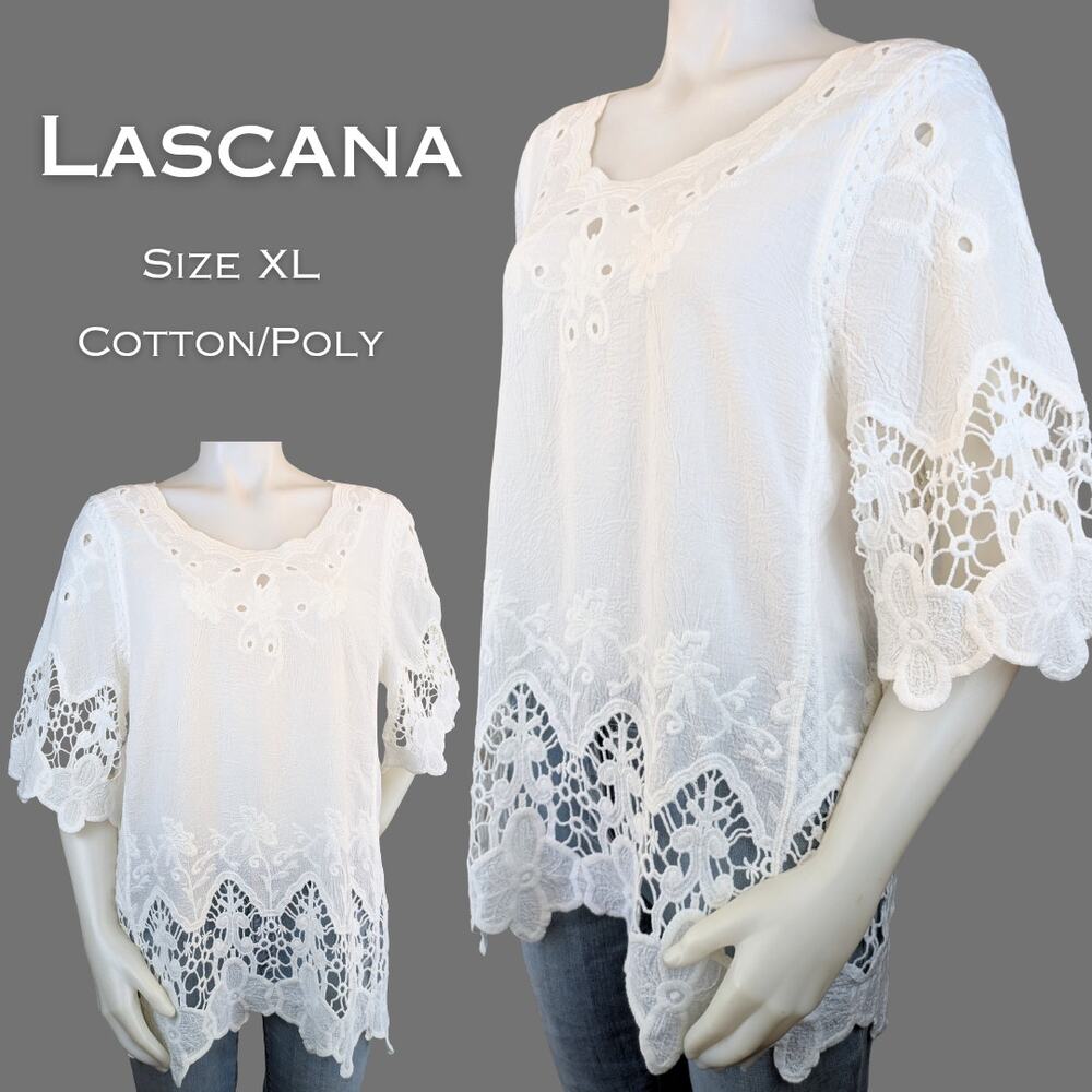 Lascana Tunic Top Large White Lace Crochet Hem Boho Coastal 1/2 Sleeve   
Beachy